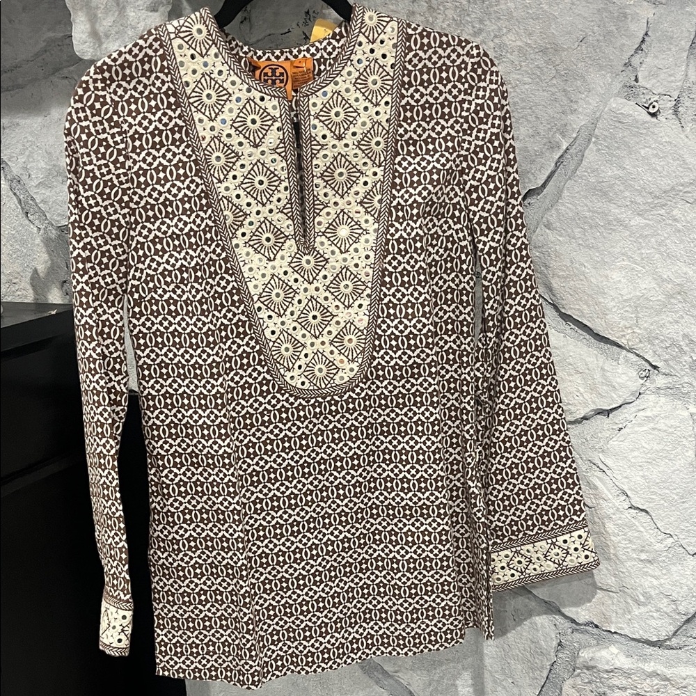 Tory Burch Brown and Cream Patterned Tunic